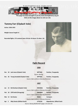 Fight Record Tommy Farr (Clydach Vale)