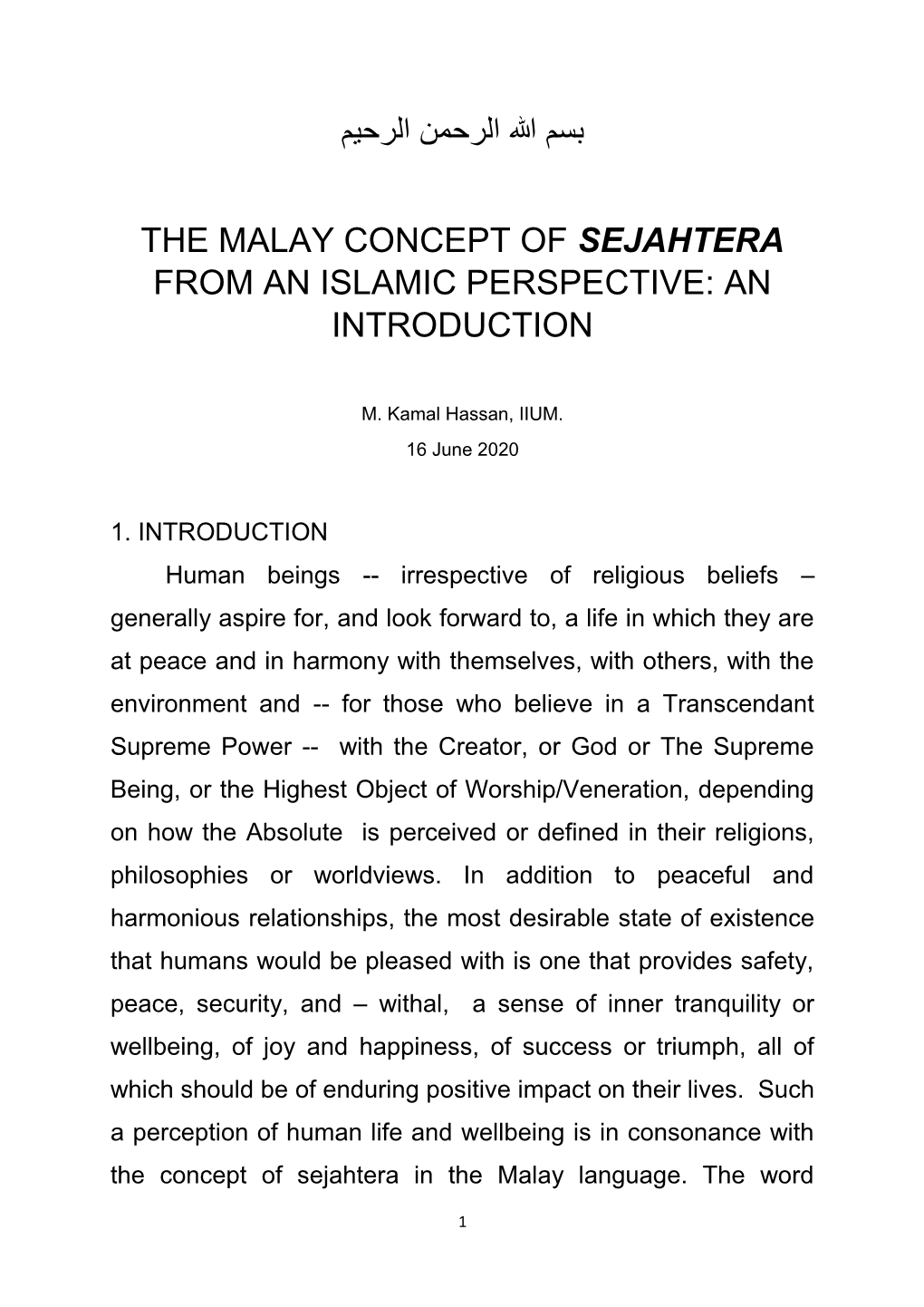 ميحرلا نمحرلا الله مسب the Malay Concept of Sejahtera from an Islamic