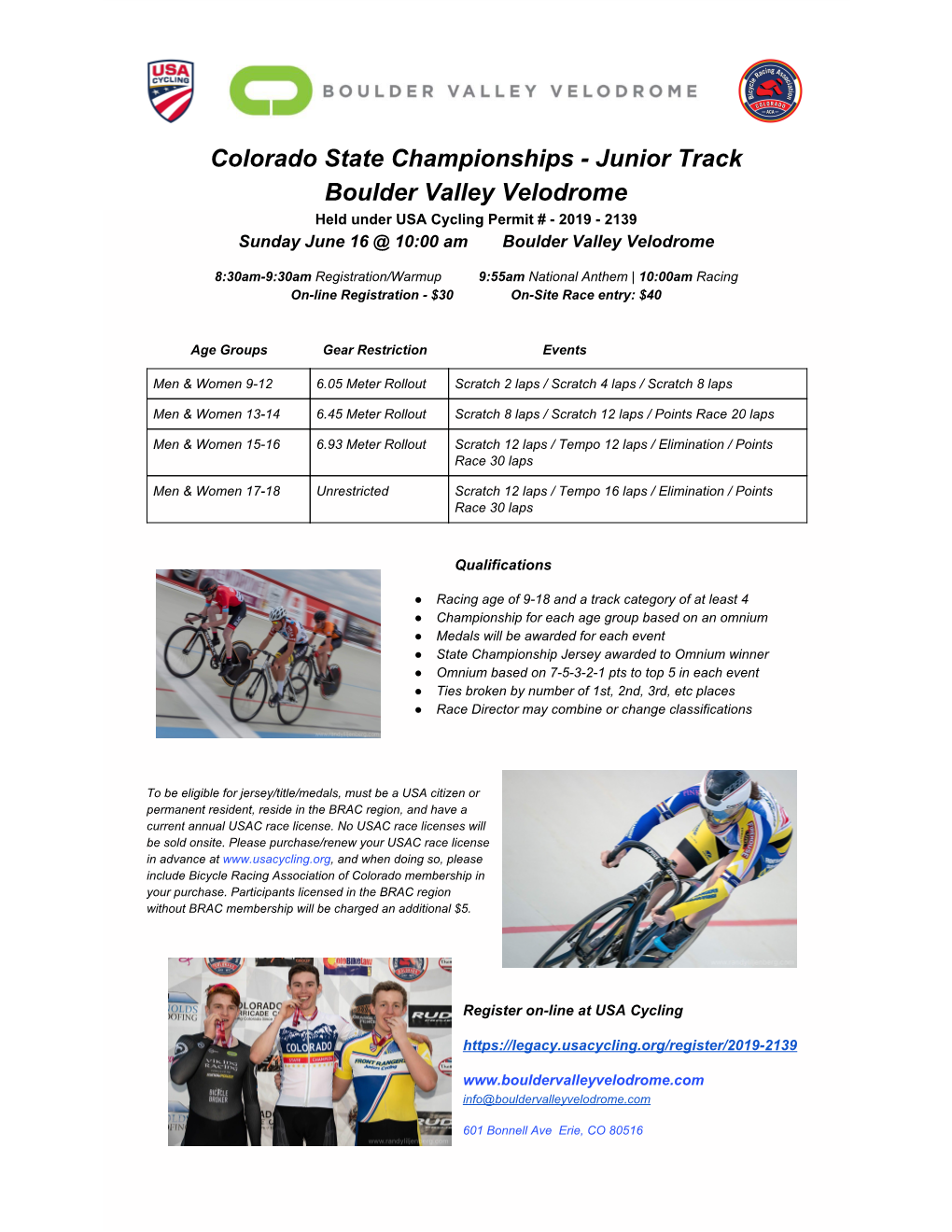 Junior Track Boulder Valley Velodrome Held Under USA Cycling Permit # - 2019 - 2139 Sunday June 16 @ 10:00 Am Boulder Valley Velodrome