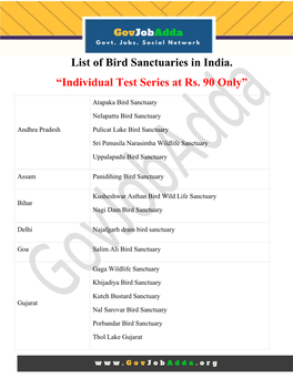 List of Bird Sanctuaries in India. “Individual Test Series at Rs