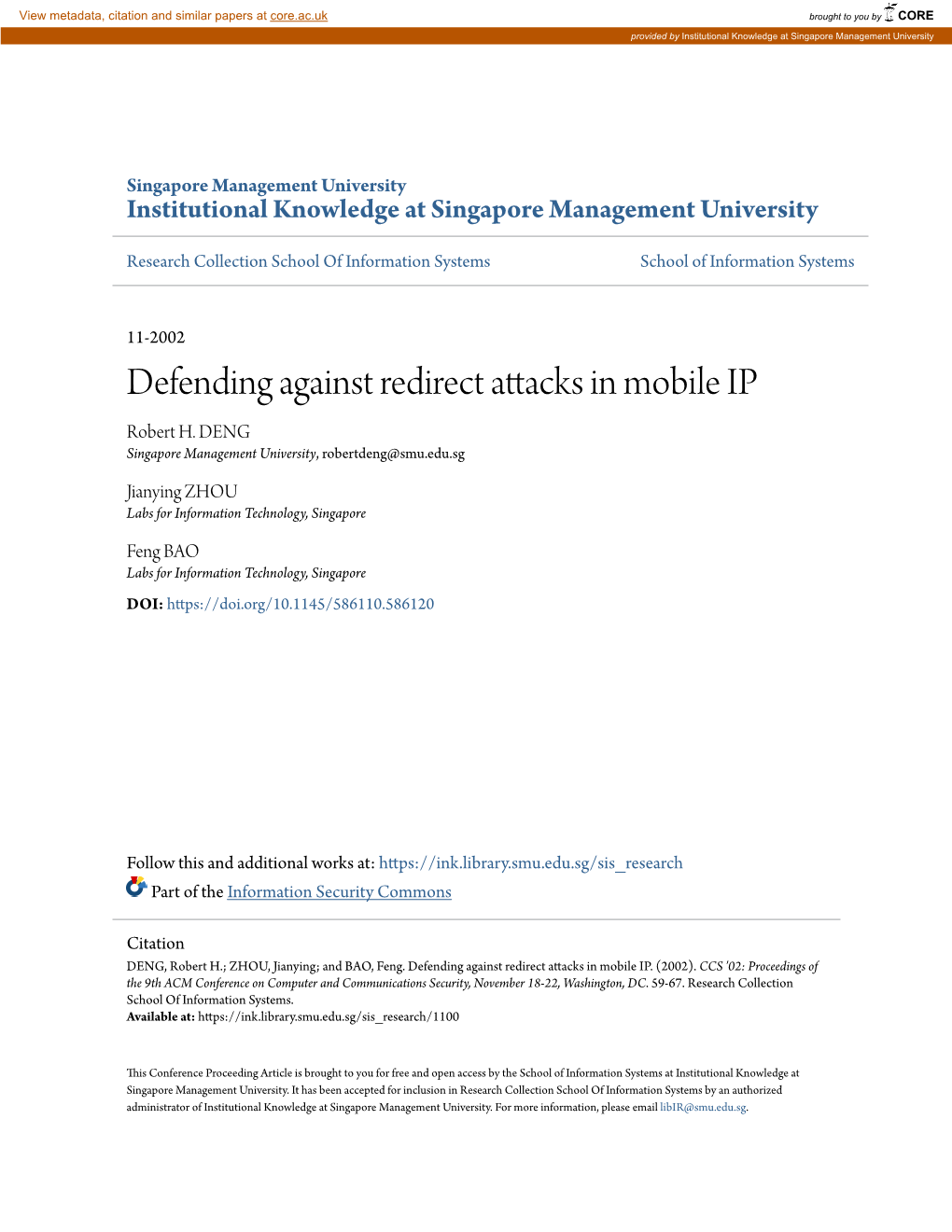 Defending Against Redirect Attacks in Mobile IP Robert H
