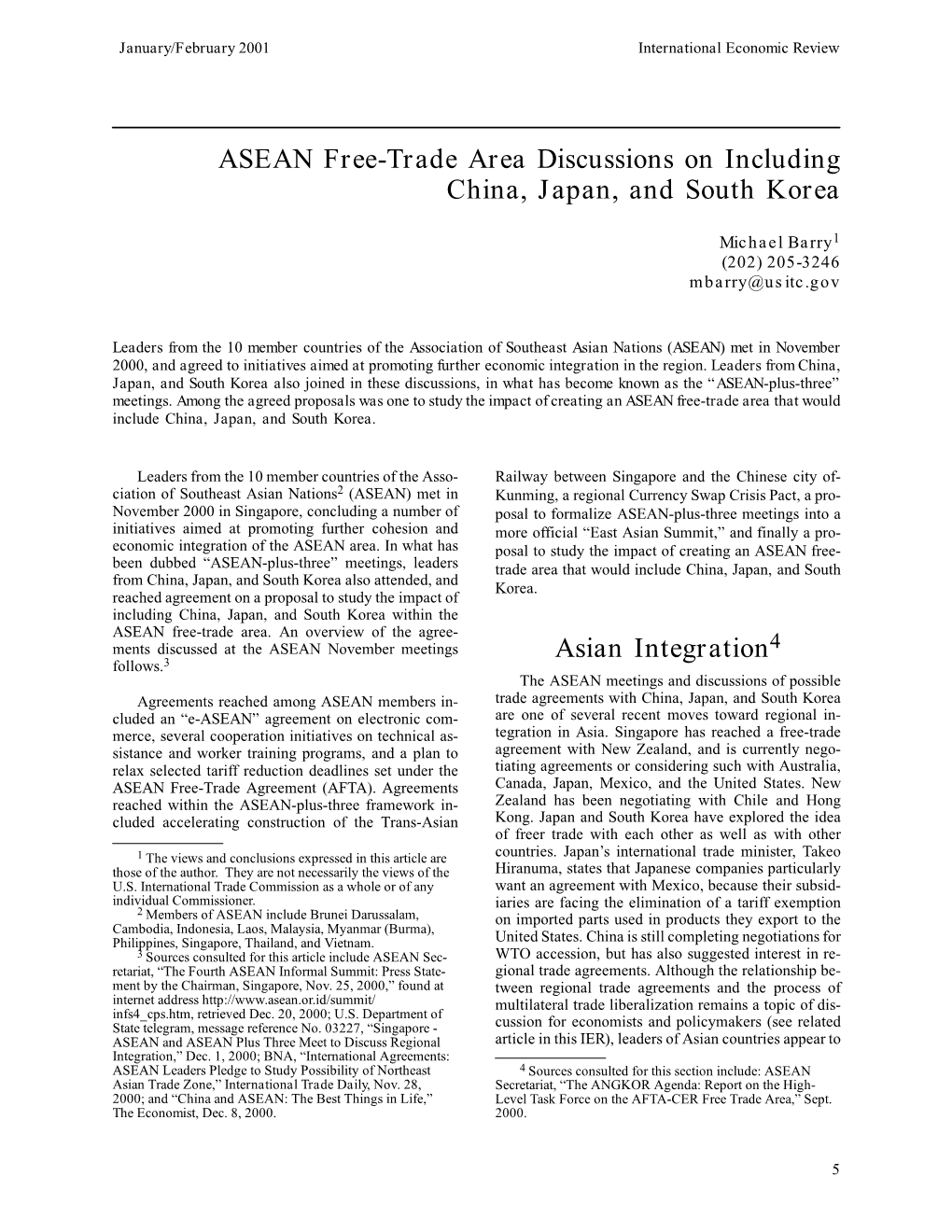 ASEAN Free-Trade Area Discussions on Including China, Japan, and South Korea