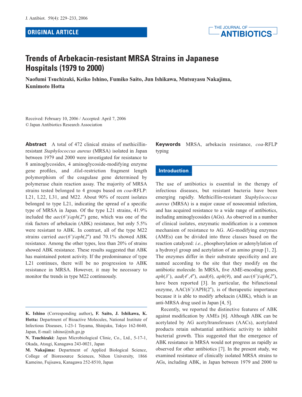 Trends of Arbekacin-Resistant MRSA Strains in Japanese