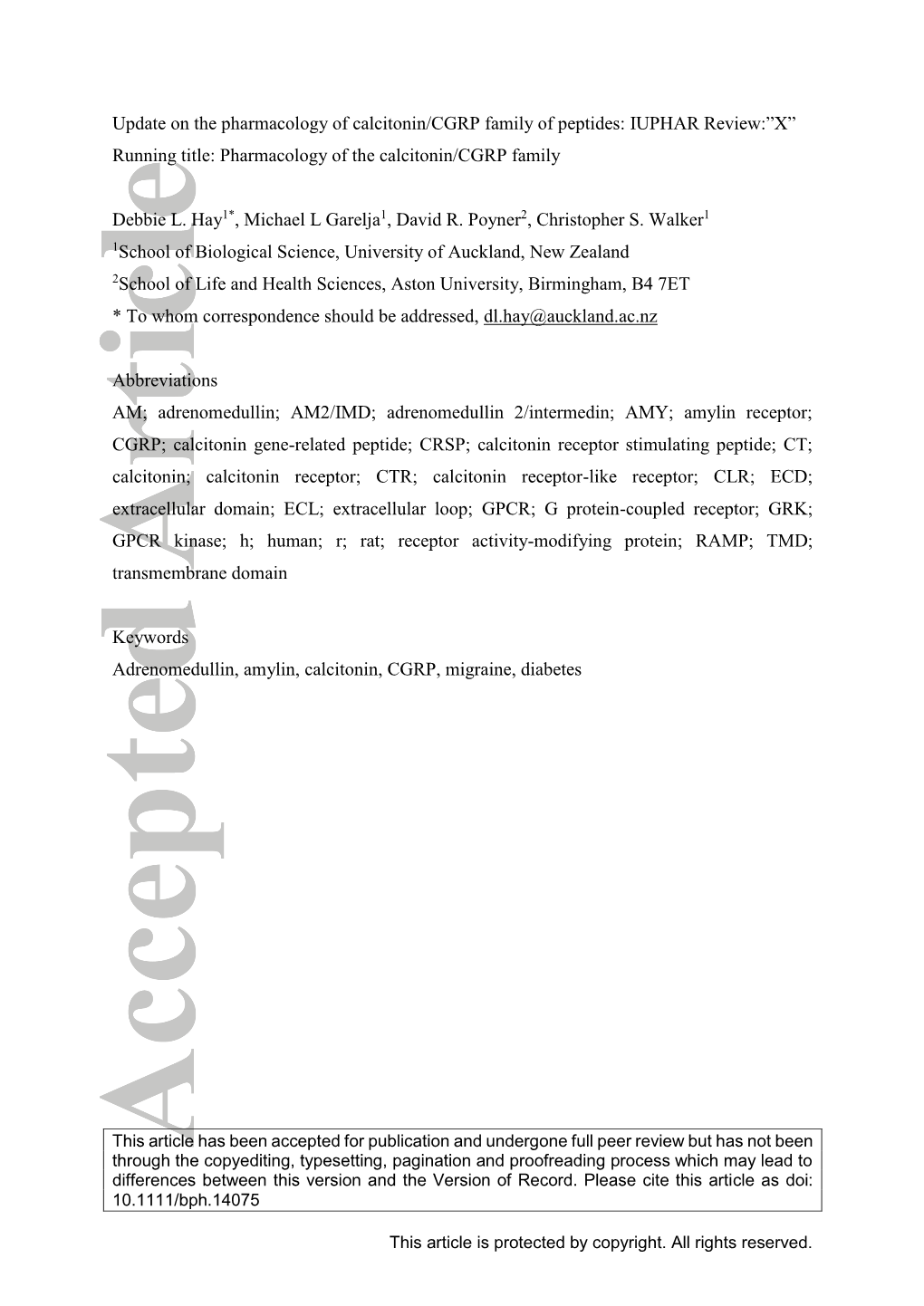 Update on the Pharmacology of Calcitonin/CGRP Family of Peptides: IUPHAR Review:”X” Running Title: Pharmacology of the Calcitonin/CGRP Family