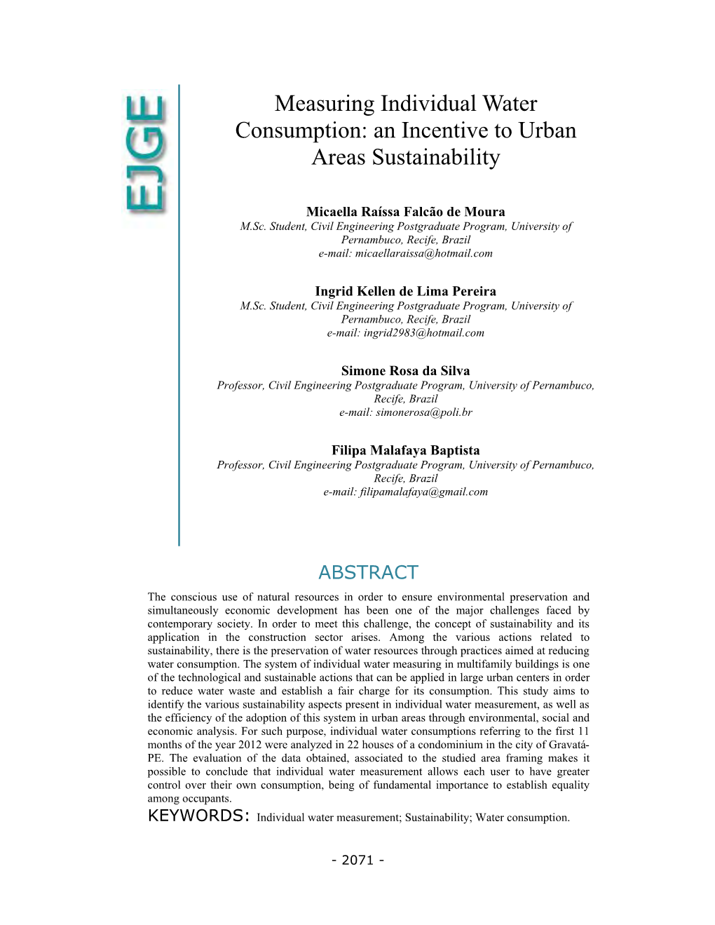 Measuring Individual Water Consumption: an Incentive to Urban Areas Sustainability