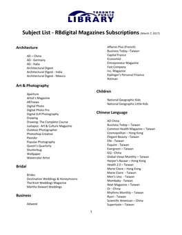 Subject List - Rbdigital Magazines Subscriptions (March 7, 2017)
