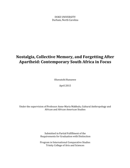 Nostalgia, Collective Memory, and Forgetting After Apartheid: Contemporary South Africa in Focus