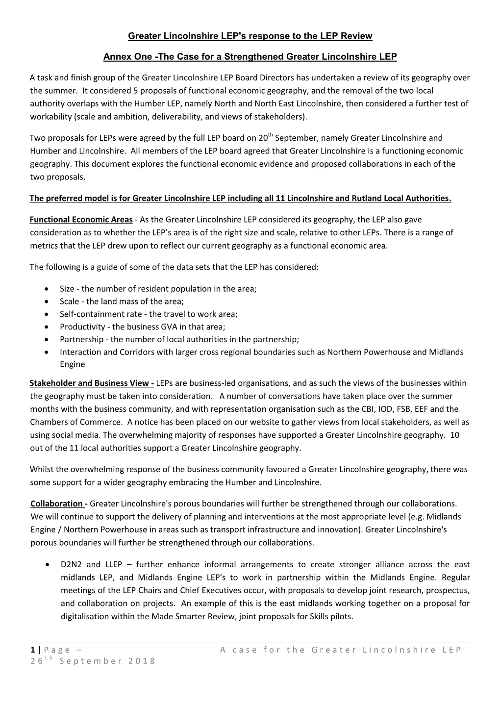 1 | Page – a Case for the Greater Lincolnshire LEP 2 6 T H September 2018 Greater Lincolnshire LEP's Response to the LEP Revi