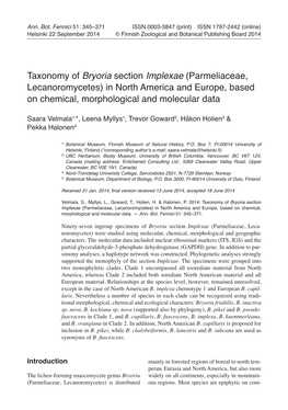 Taxonomy of Bryoria Section Implexae (Parmeliaceae, Lecanoromycetes) in North America and Europe, Based on Chemical, Morphological and Molecular Data