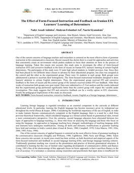 The Effect of Form-Focused Instruction and Feedback on Iranian EFL Learners' Learning of Determiners
