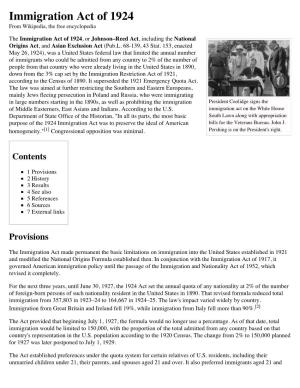 Immigration Act of 1924 from Wikipedia, the Free Encyclopedia