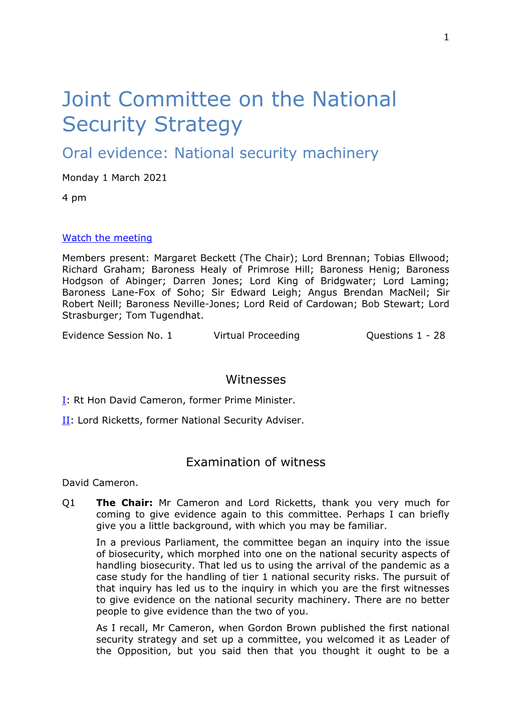 Joint Committee on the National Security Strategy Oral Evidence: National Security Machinery