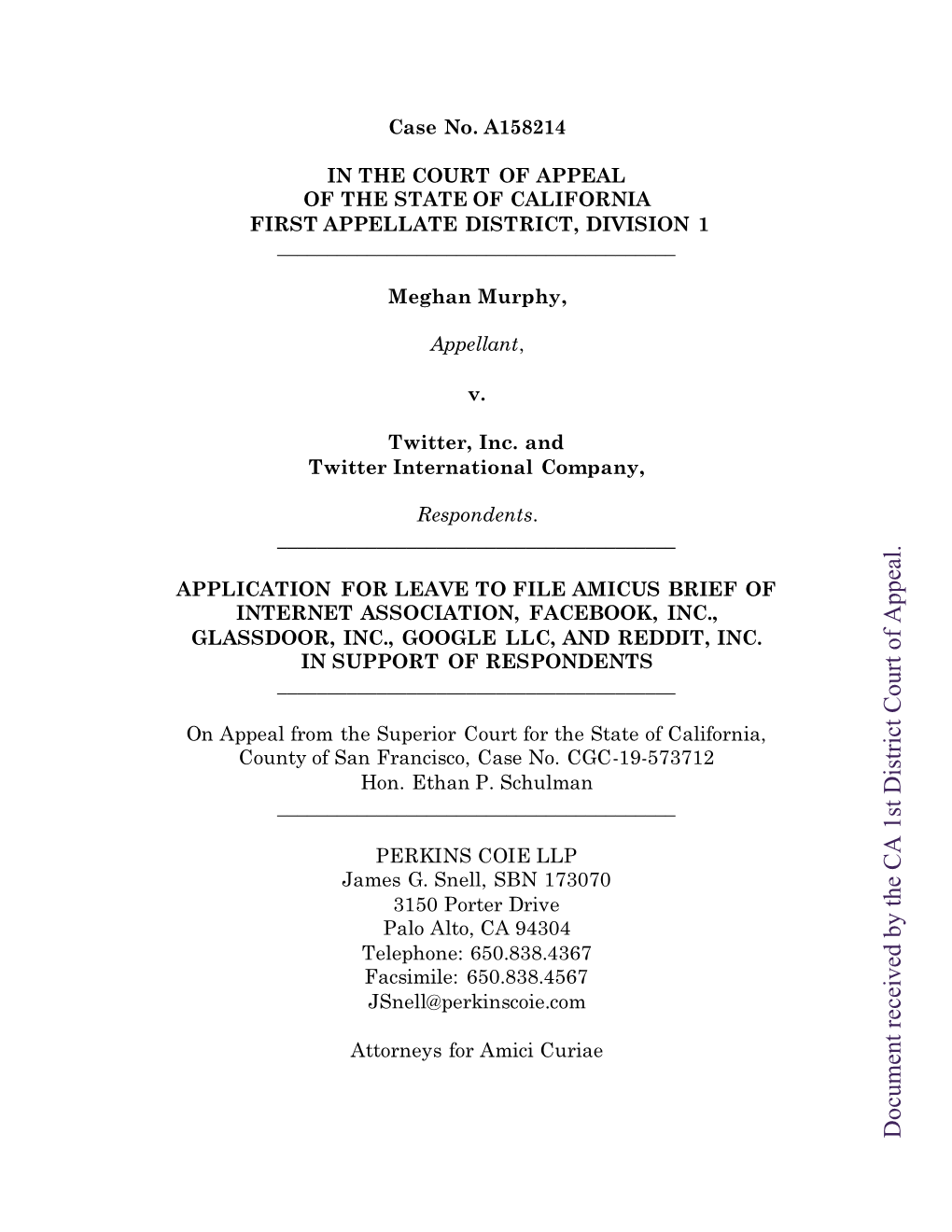 Document Received by the CA 1St District Court of Appeal. of Court District 1St CA the by Received Document