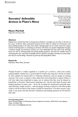 Socrates' Defensible Devices in Plato's Meno