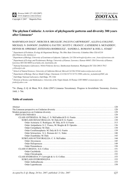 Zootaxa,The Phylum Cnidaria: a Review Of