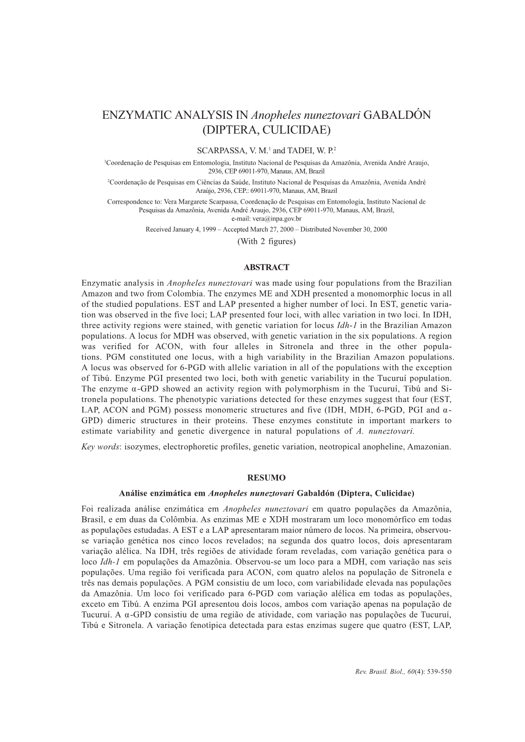 ENZYMATIC ANALYSIS in Anopheles Nuneztovari GABALDÓN (DIPTERA, CULICIDAE)