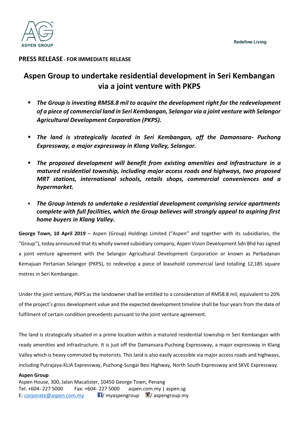 Aspen Group to Undertake Residential Development in Seri Kembangan Via a Joint Venture with PKPS