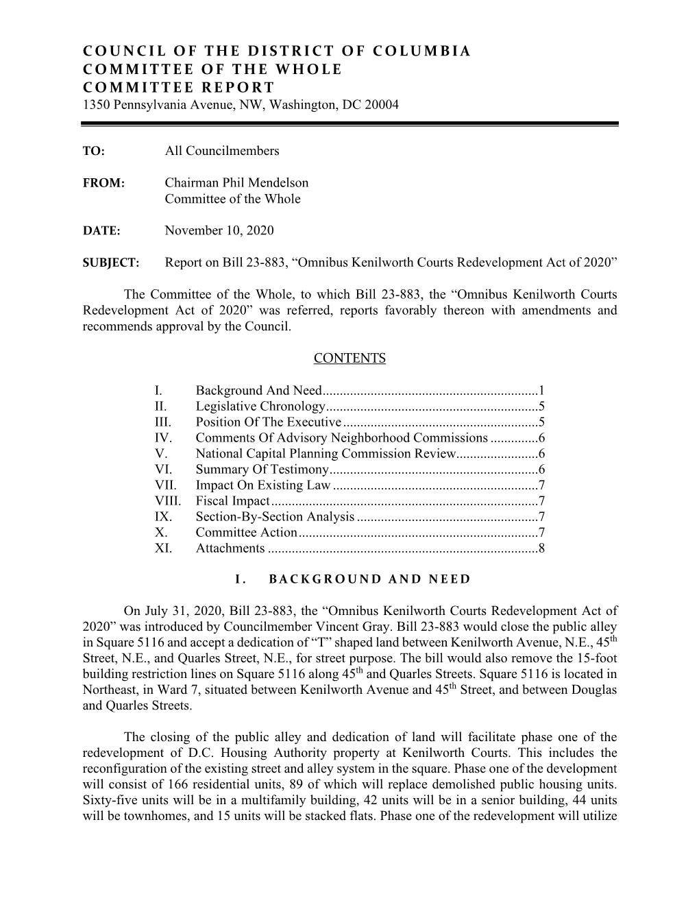 COUNCIL of the DISTRICT of COLUMBIA COMMITTEE of the WHOLE COMMITTEE REPORT 1350 Pennsylvania Avenue, NW, Washington, DC 20004