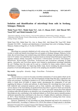 Isolation and Identification of Microfungi from Soils in Serdang, Selangor, Malaysia Article
