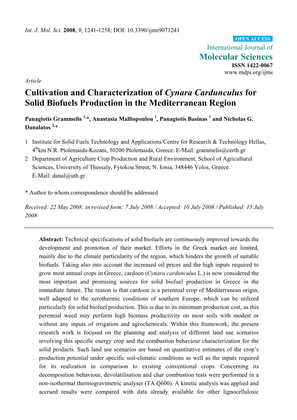 Cultivation and Characterization of Cynara Cardunculus for Solid Biofuels Production in the Mediterranean Region