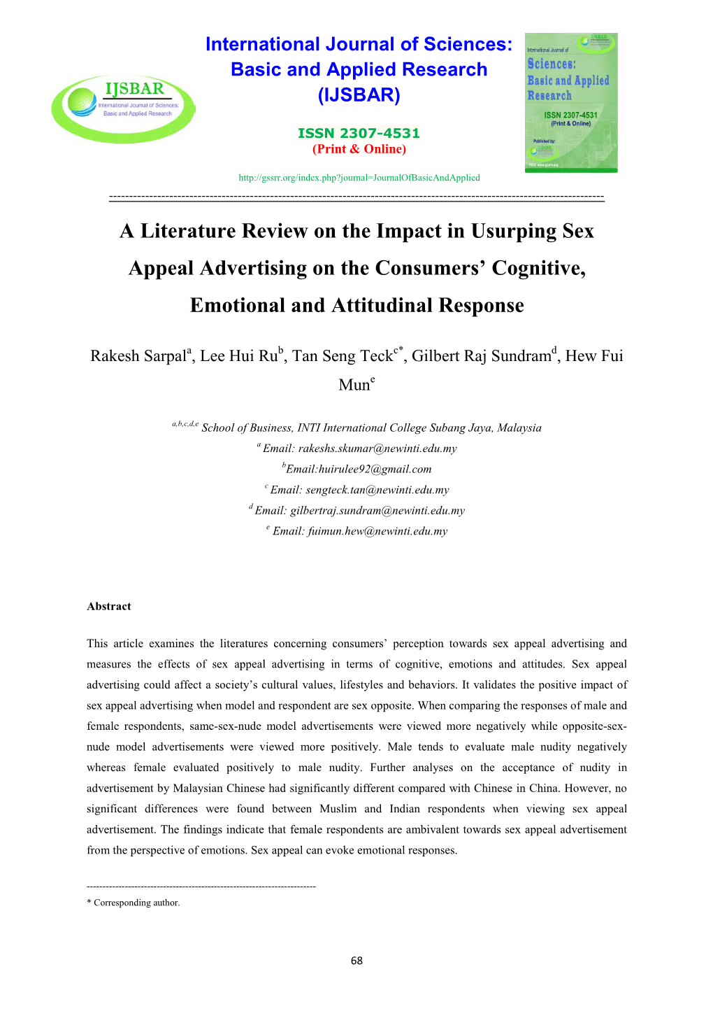 A Literature Review on the Impact in Usurping Sex Appeal Advertising on the Consumers’ Cognitive, Emotional and Attitudinal Response