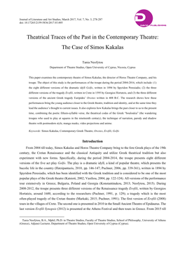 Theatrical Traces of the Past in the Contemporary Theatre: the Case of Simos Kakalas