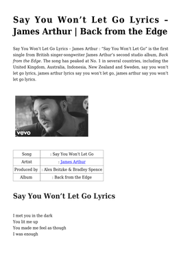 Say You Won't Let Go Lyrics &#8211; James Arthur | Back from the Edge