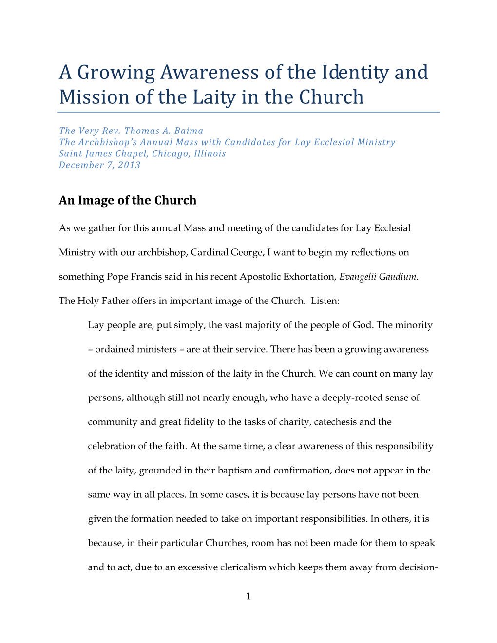 A Growing Awareness of the Identity and Mission of the Laity in the Church