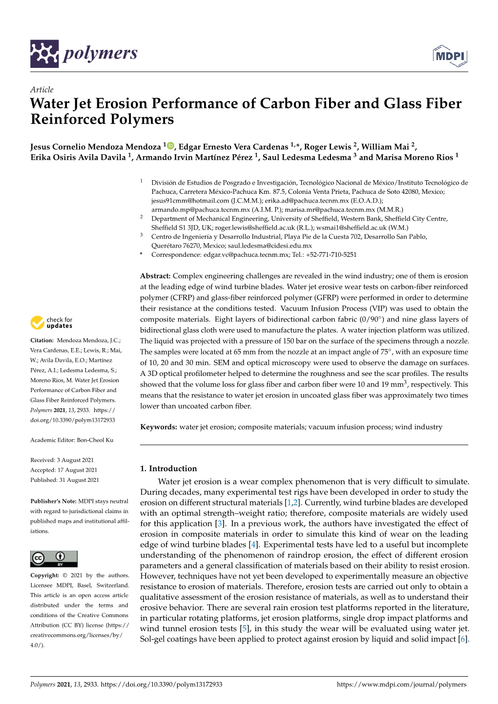 Water Jet Erosion Performance of Carbon Fiber and Glass Fiber Reinforced Polymers