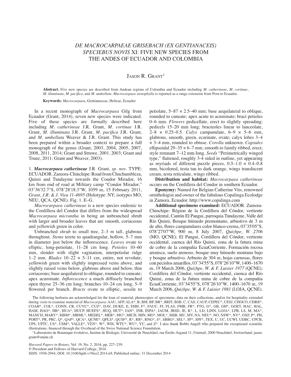 (Ex Gentianaceis) Speciebus Novis Xi: Five New Species from the Andes of Ecuador and Colombia