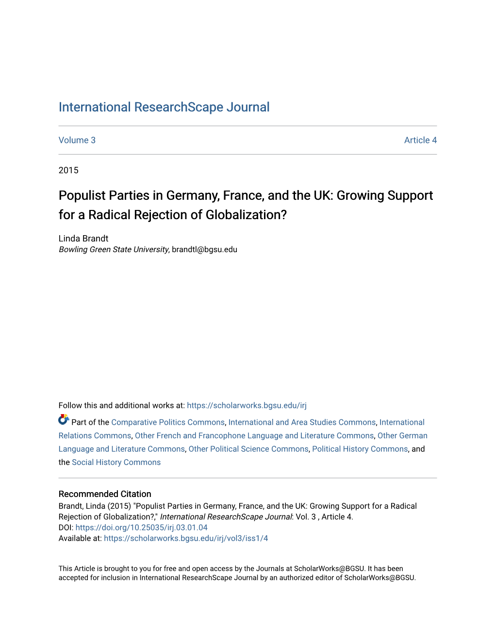 Populist Parties in Germany, France, and the UK: Growing Support for a Radical Rejection of Globalization?