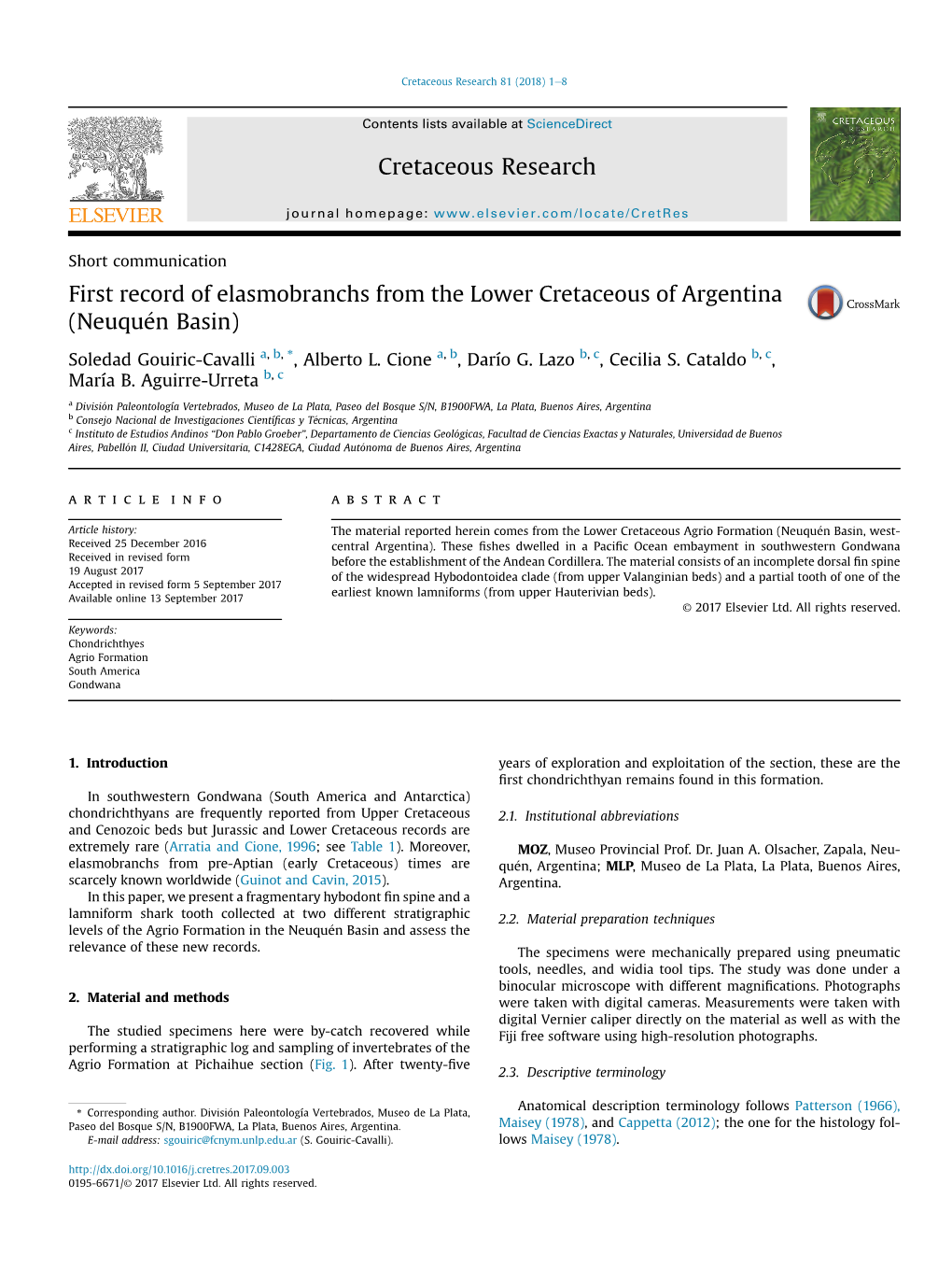 First Record of Elasmobranchs from the Lower Cretaceous of Argentina (Neuquen� Basin)