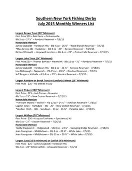 Southern New York Fishing Derby July 2015 Monthly Winners List