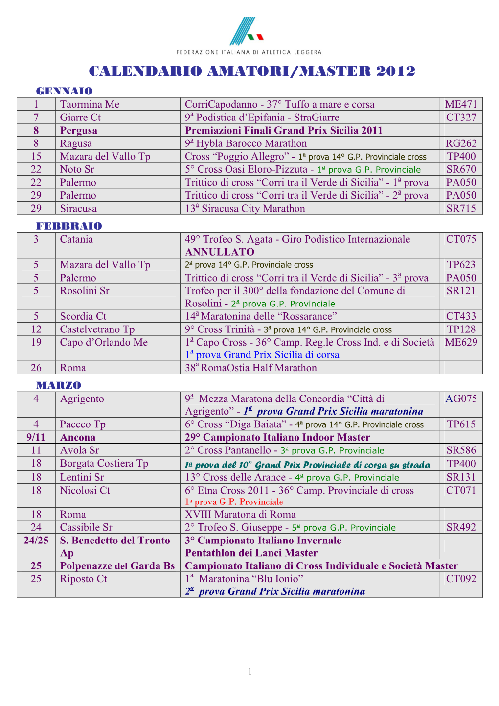 Calendario Amatori/Master 2012