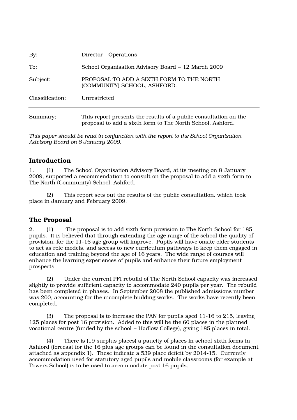 Proposal to Add a Sixth Form to the North (Community) School, Ashford