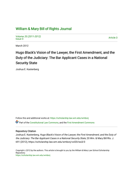 Hugo Black's Vision of the Lawyer, the First Amendment, and the Duty of the Judiciary: the Bar Applicant Cases in a National Security State