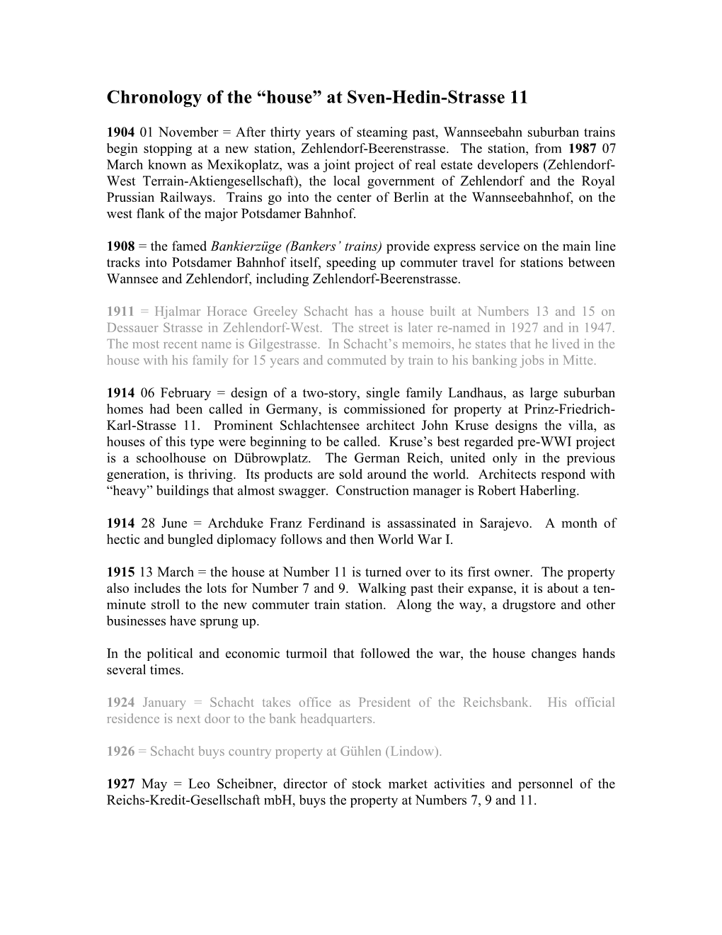 Chronology of the “House” at Sven-Hedin-Strasse 11