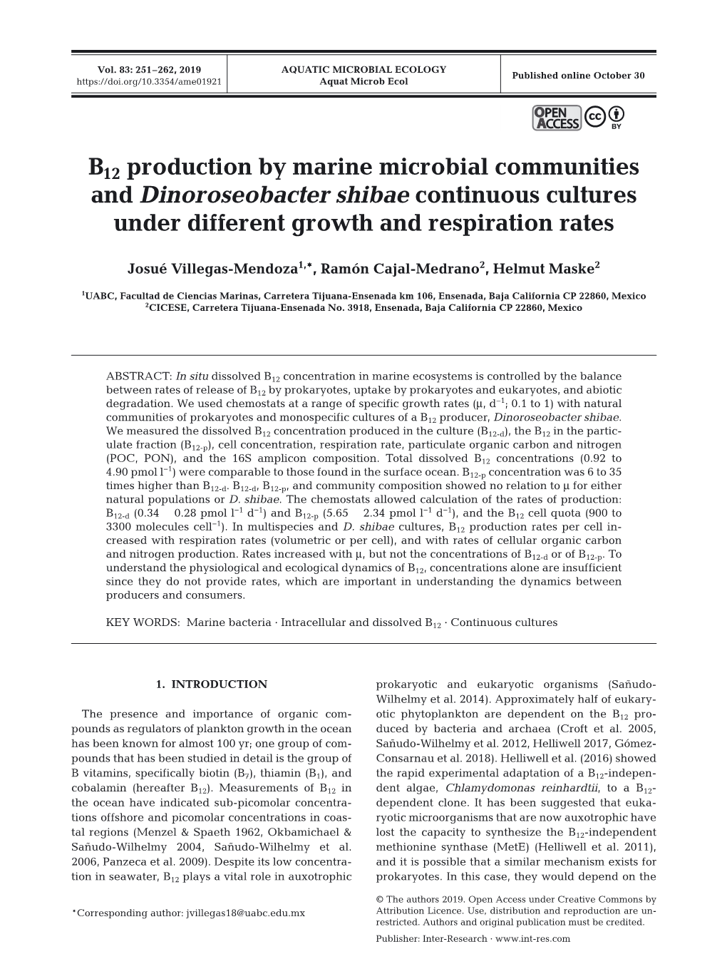 B12 Production by Marine Microbial Communities and Dinoroseobacter Shibae Continuous Cultures Under Different Growth and Respiration Rates