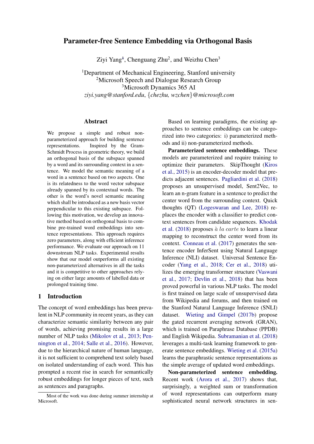 Parameter-Free Sentence Embedding Via Orthogonal Basis