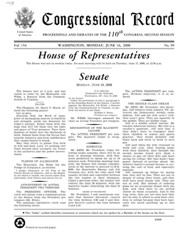 Congressional Record United States Th of America PROCEEDINGS and DEBATES of the 110 CONGRESS, SECOND SESSION