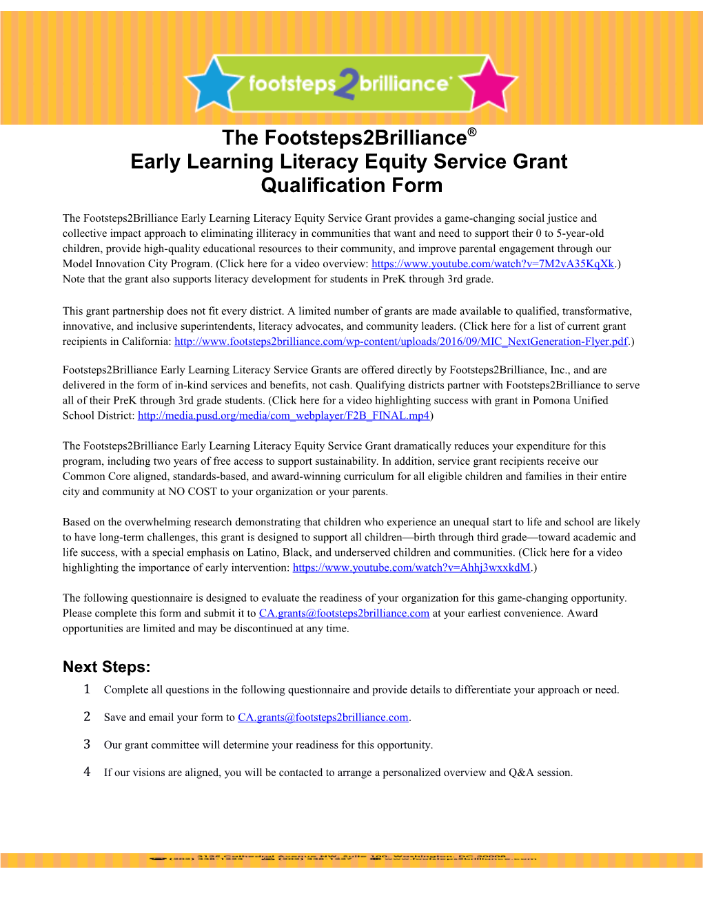 The Footsteps2brilliance Early Learning Literacy Equity Service Grant Qualification Form