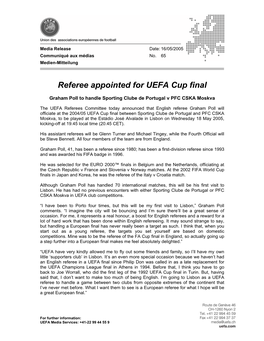 Referee Appointed for UEFA Cup Final