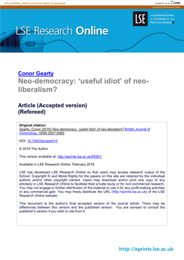 Neo-Democracy: 'Useful Idiot' of Neo- Liberalism?