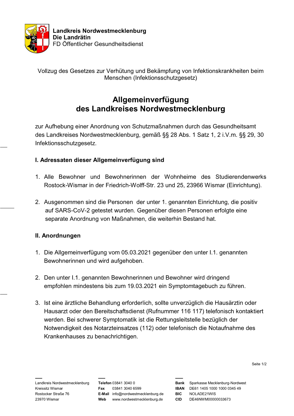 Allgemeinverfügung Des Landkreises Nordwestmecklenburg