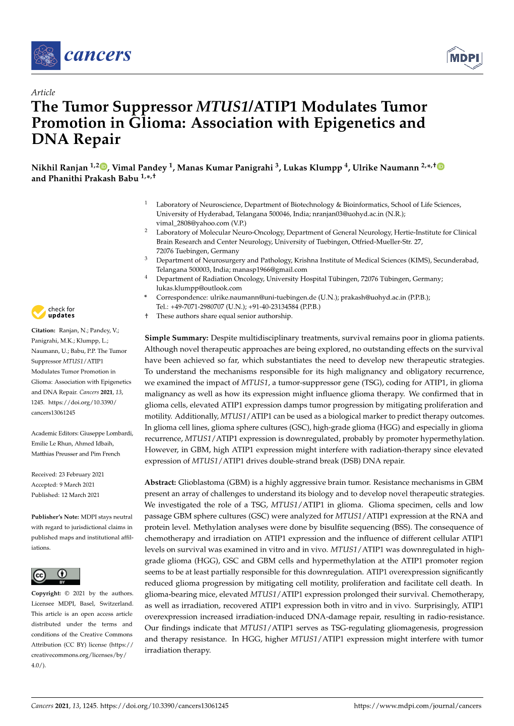 The Tumor Suppressor MTUS1/ATIP1 Modulates Tumor Promotion in Glioma: Association with Epigenetics and DNA Repair