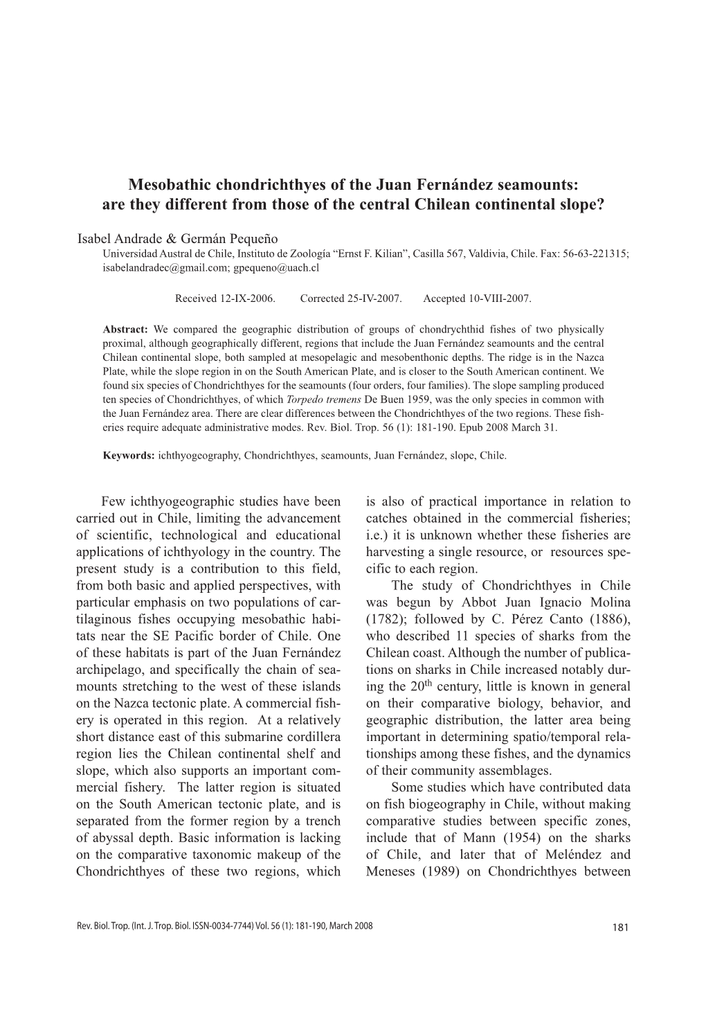 Mesobathic Chondrichthyes of the Juan Fernández Seamounts: Are They Different from Those of the Central Chilean Continental Slope?