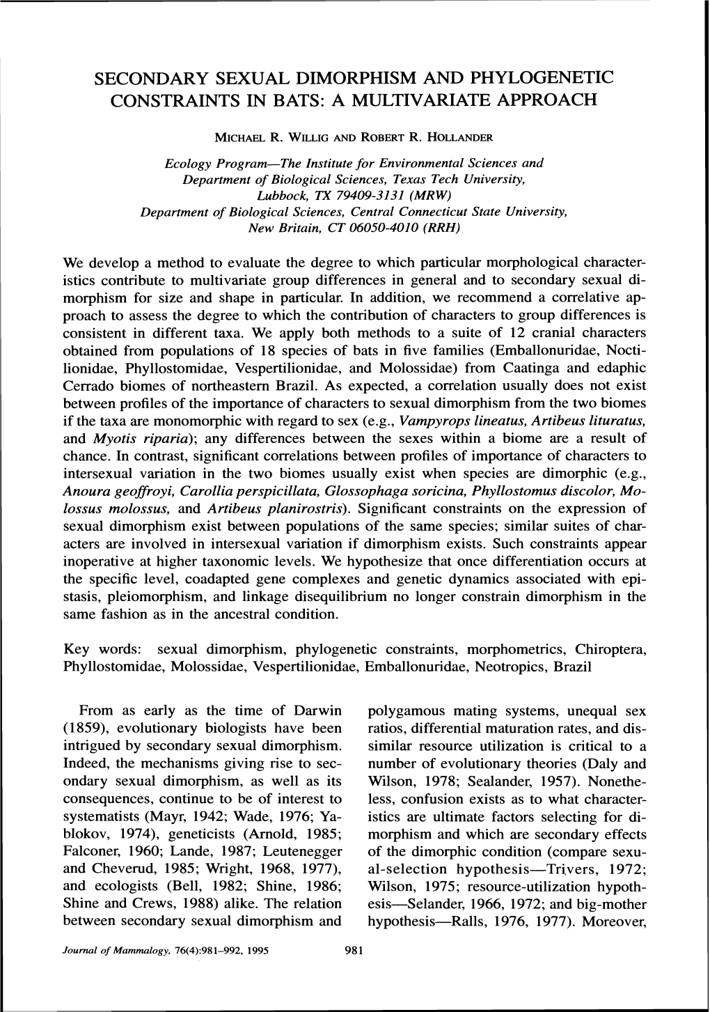 Secondary Sexual Dimorphism and Phylogenetic Constraints in Bats: a Multivariate Approach