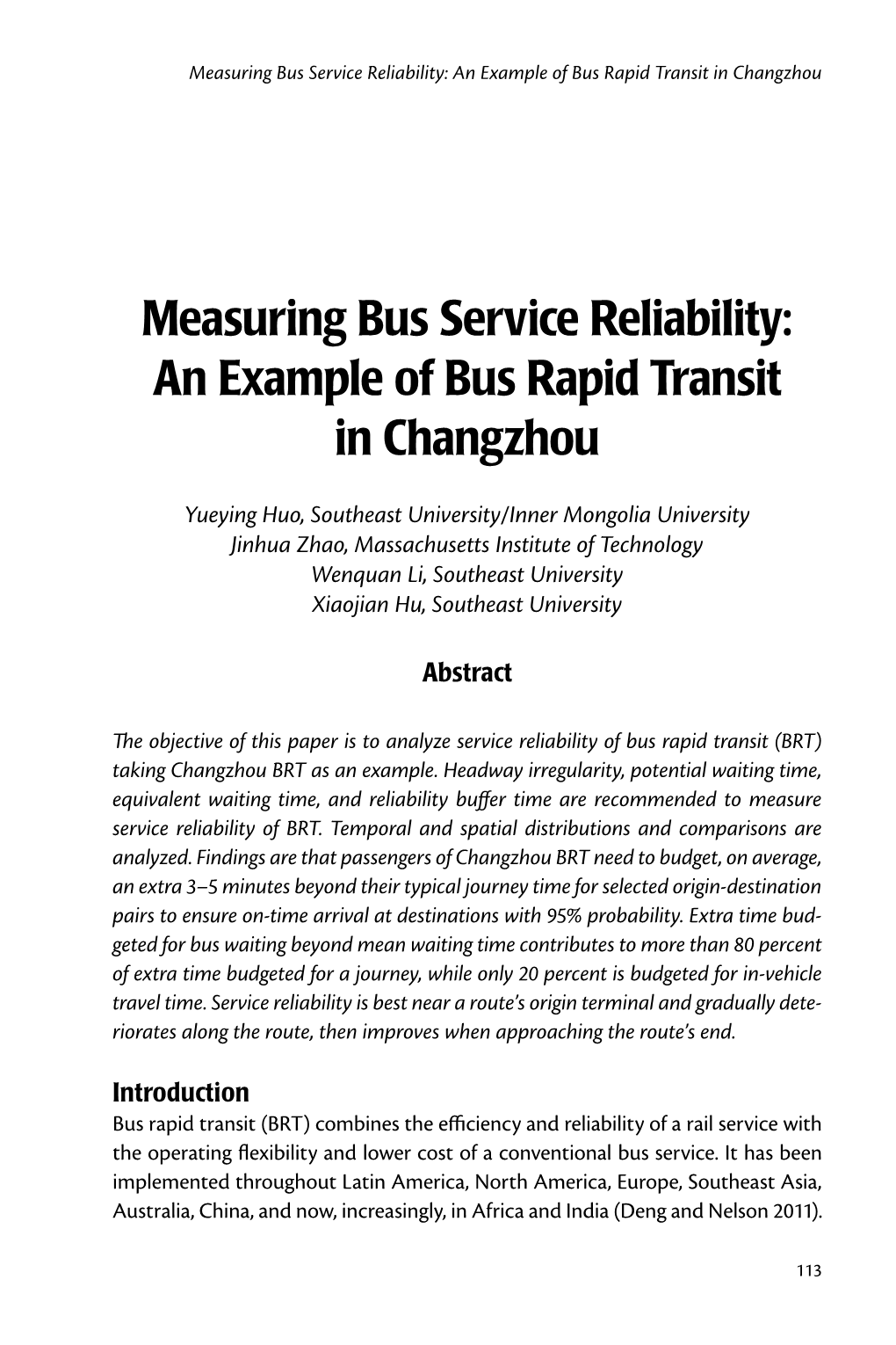 Measuring Bus Service Reliability: an Example of Bus Rapid Transit in Changzhou