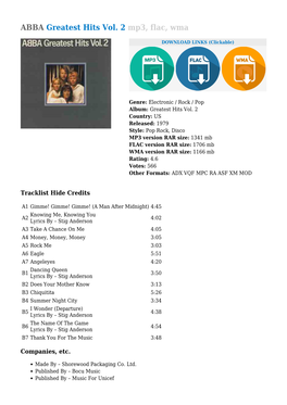 ABBA Greatest Hits Vol. 2 Mp3, Flac, Wma