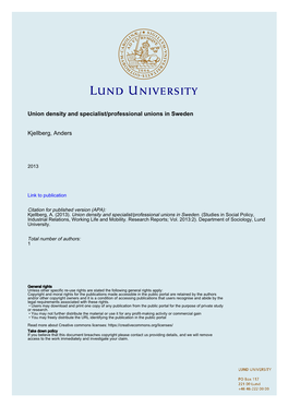 Union Density and Specialist/Professional Unions in Sweden